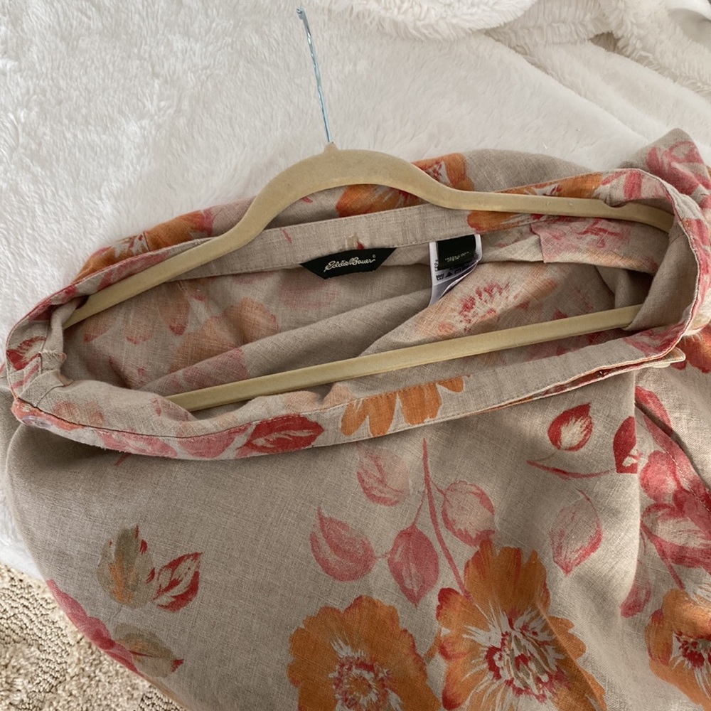 Eddie Bauer 100% linen wrap skirt midi pink &melon flowered tan pattern - Picture 10 of 12